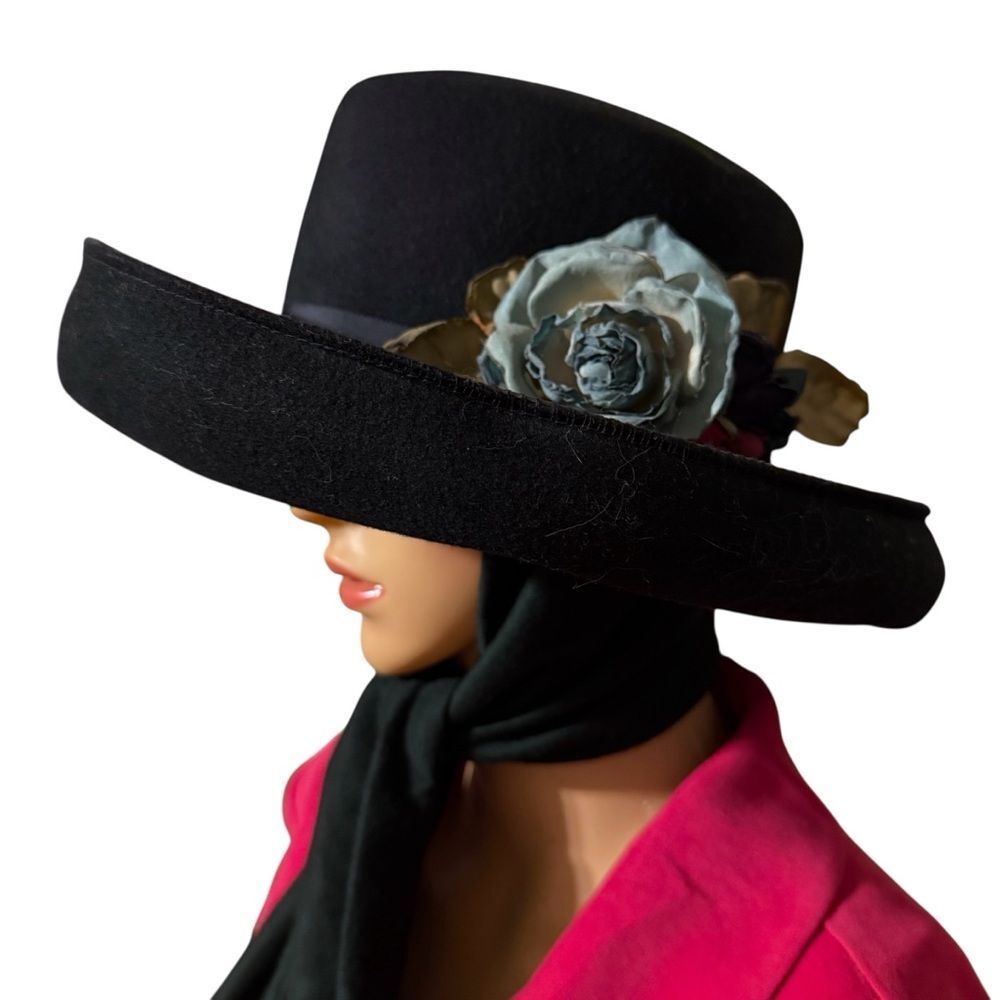 Vintage Bollman Hat Company Doeskin Felt Black Wool Hat With Ear Ties Floral